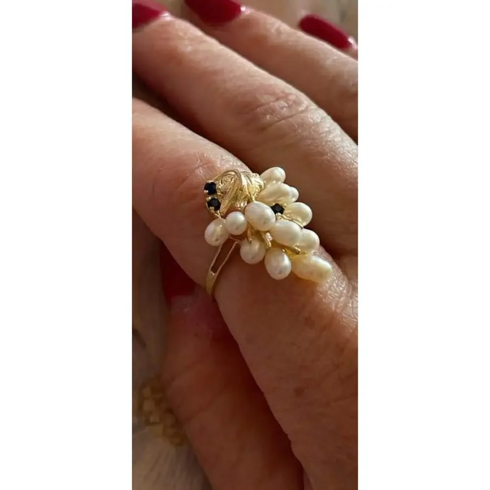 14K Gold pearl grape cluster ring with natural sapphires - Picture 4 of 4